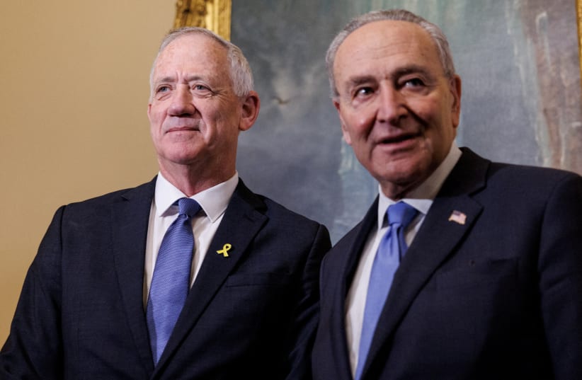 Senate Majority Leader Chuck Schumer (D-NY) meets Israeli War Cabinet member Benny Gantz (photo credit: REUTERS/Anna Rose Layden)