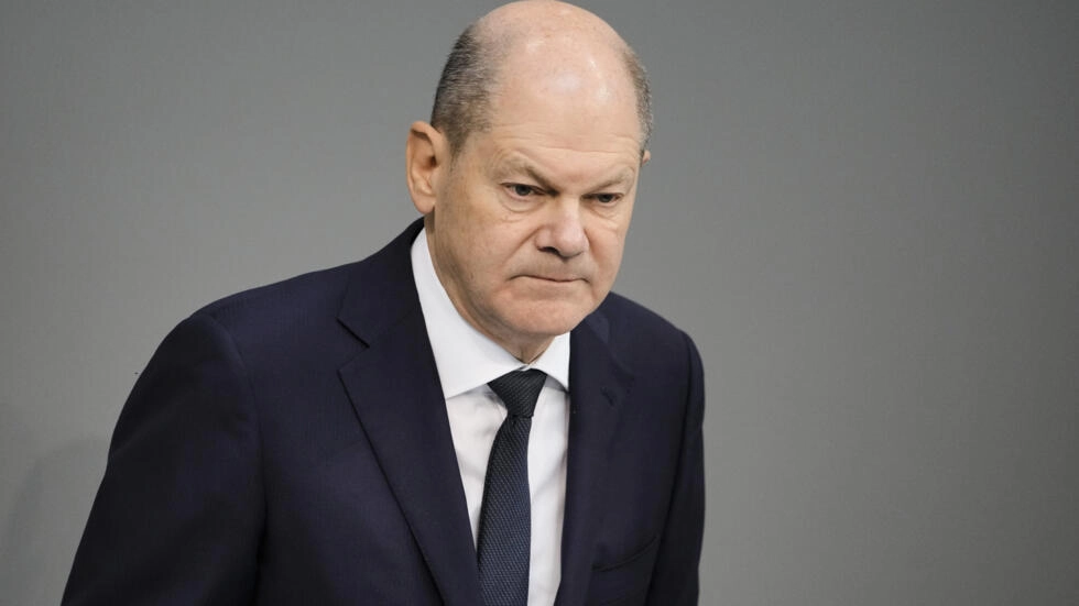 German Chancellor Olaf Scholz delivers aspeech at the Bundestag in Berlin on March 2, 2023. © Markus Schreiber, AP