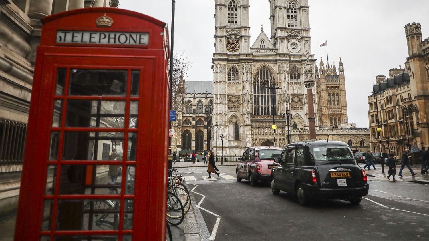 Cars near Westminster Abbey in London in 2019. Traffic drives on the left in England, as it does in roughly 30% of countries. Beata Zawrzel/NurPhoto/Getty Images