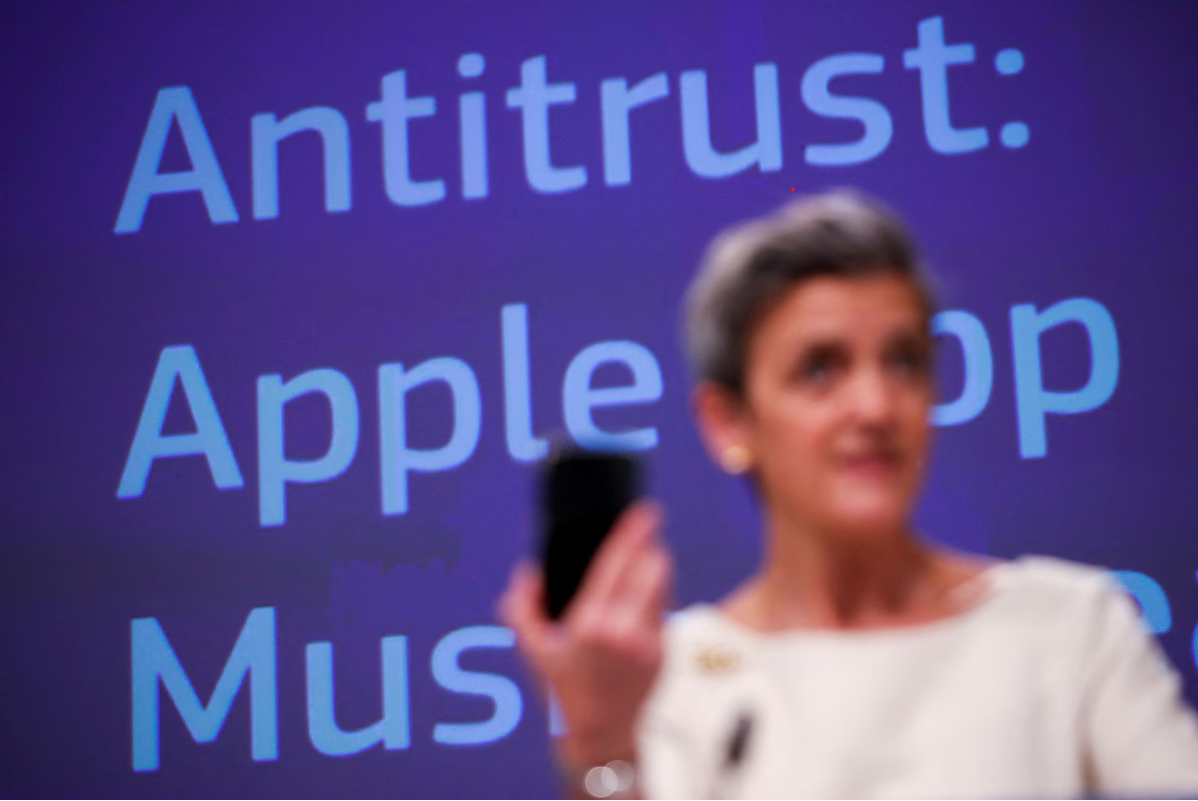 FILE PHOTO: European Commissioner for Europe fit for the Digital Age Margrethe Vestager speaks during an online news conference on Apple anti trust case at the EU headquarters in Brussels, Belgium April 30, 2021. Francisco Seco/Pool via REUTERS/File Photo (Pool/Reuters)