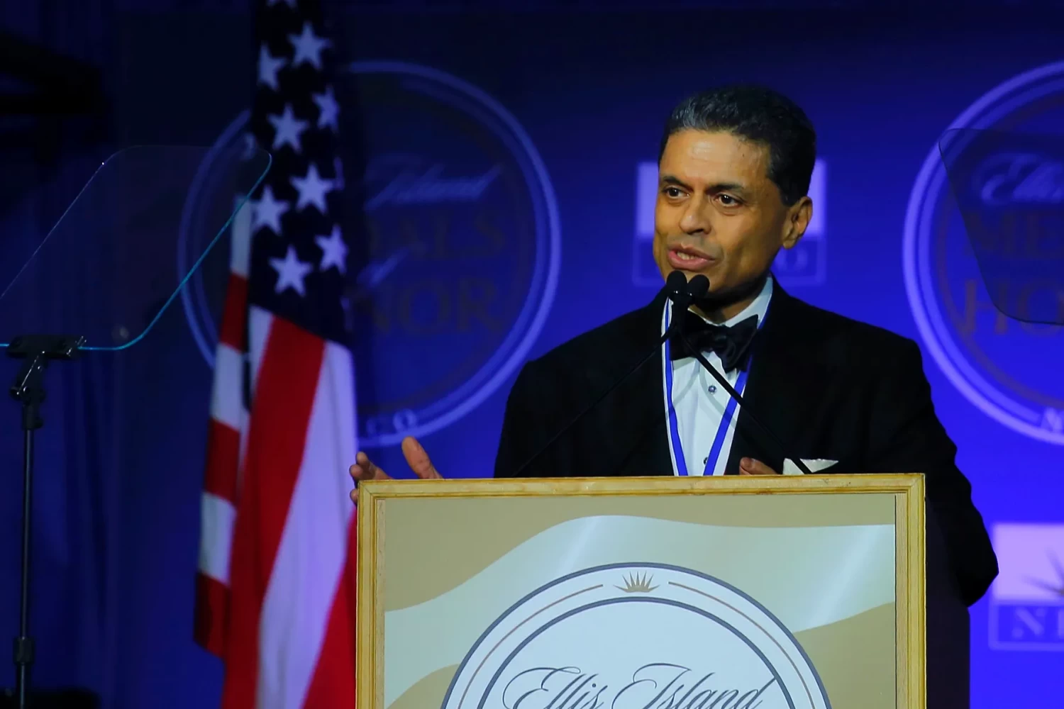 Journalist Fareed Zakaria speaks during the Ellis Island Medals of Honor ceremony at the Ellis Island Honors Society meeting in New York on May 13, 2017. Kena Betancur/AFP via Getty Images