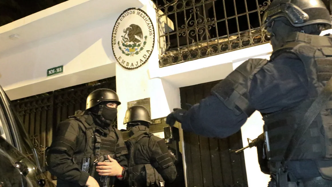 Ecuadorian police special forces attempt to enter the Mexican embassy in Quito on April 5, 2024. Alberto Suarez/AFP/Getty Images