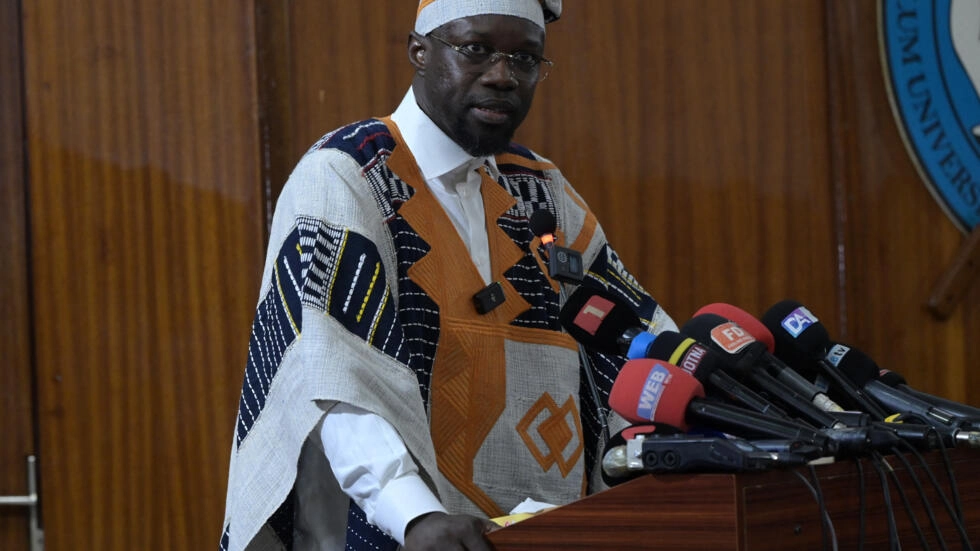 Senegalese Prime Minister Ousmane Sonko delivers a speech during a conference at the Cheikh Anta Diop university in Dakar on May 16, 2024. © Seyllou, AFP