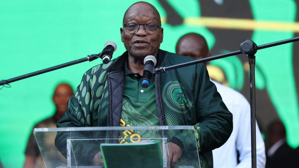 Former South African President and leader of the newly formed uMkhonto weSizwe (MK) Party, Jacob Zuma addresses supporters during the People's Mandate Launch at Orlando Stadium in Soweto on May 18, 2024. © Phill Magakoe, AFP