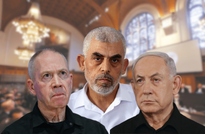 (L-R): Yoav Gallant, Yahya Sinwar, and Benjamin Netanyahu at the International Court of Justice (illustrative) (photo credit: REUTERS/FLASH90)