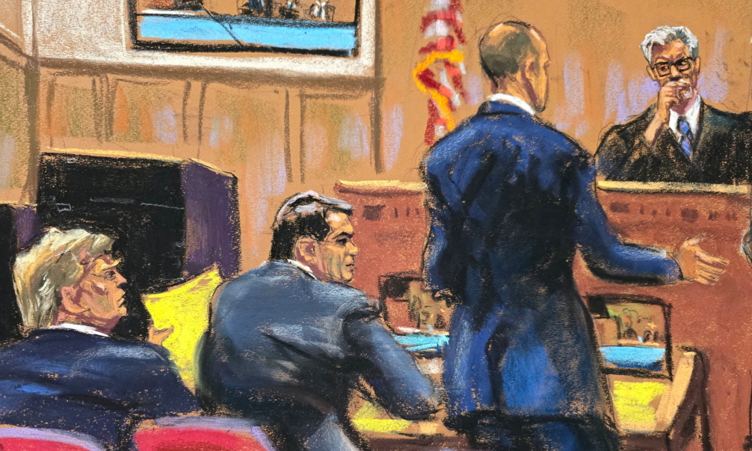 Donald Trump attends a hearing with his defense lawyers before Justice Juan Merchan, in New York on 21 May 2024 in this courtroom sketch. Photograph: Jane Rosenberg/Reuters