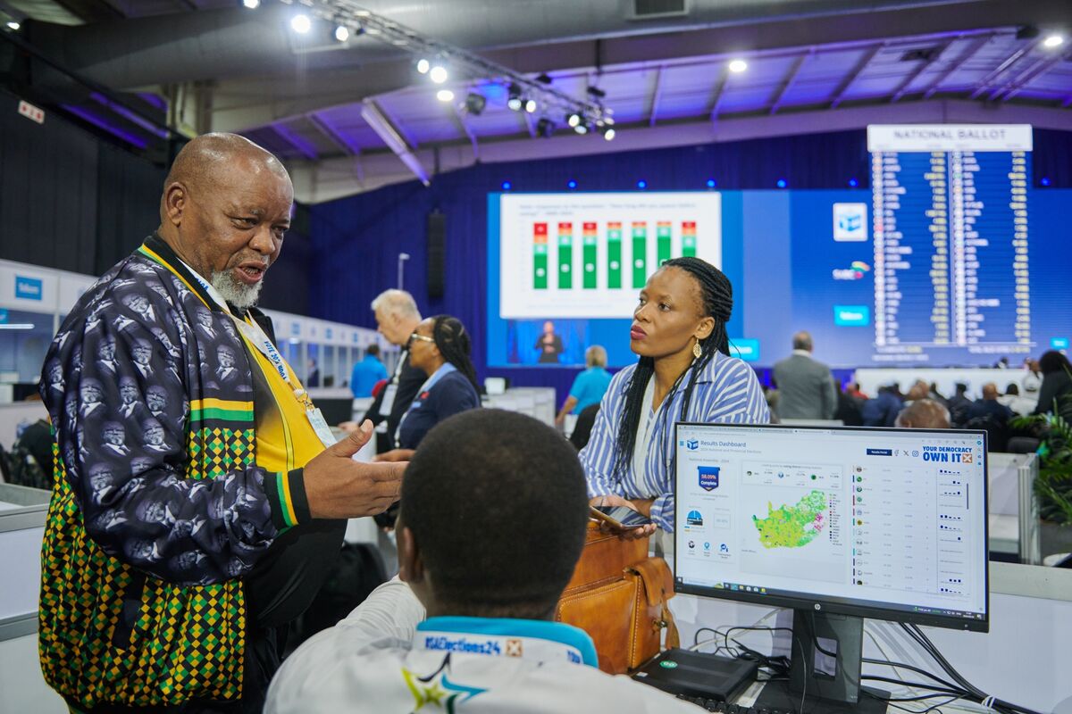 ANC Chairman Gwede Mantashe at the Independent Electoral Commission national results center in Midrand on May 31.Photographer: Waldo Swiegers/Bloomberg