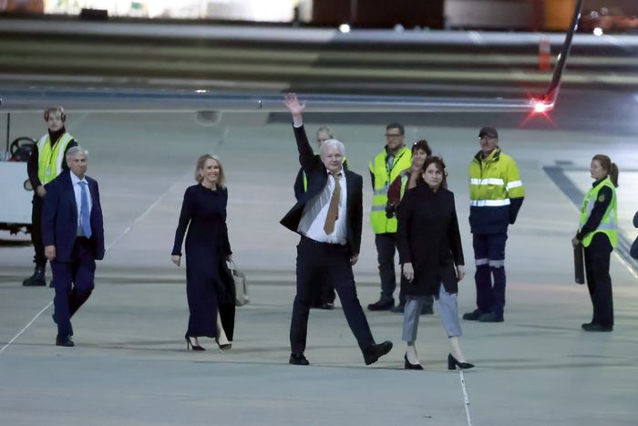 Julian Assange traveled to Australia after being freed following a plea deal with U.S. prosecutors. PHOTO: HILARY WARDHAUGH/ZUMA PRESS