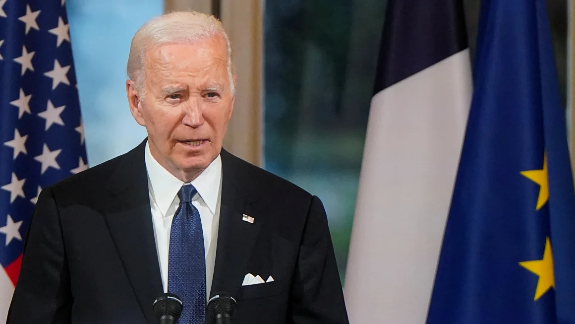 President Joe Biden speaks at a state dinner held in his honor at the Elysee Palace, in Paris, France June 8, 2024. Elizabeth Frantz/Reuters