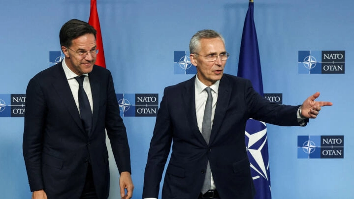File photo: Dutch Prime Minister Mark Rutte and NATO Secretary-General Jens Stoltenberg meet, at the Alliance's headquarters in Brussels, Belgium April 17, 2024. © Yves Herman, Reuters