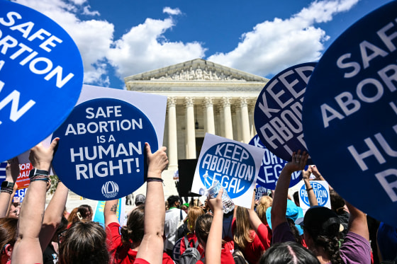 Reproductive rights activists demonstrate in front of the Supreme Court on June 24, 2024.Jim Watson / AFP via Getty Images