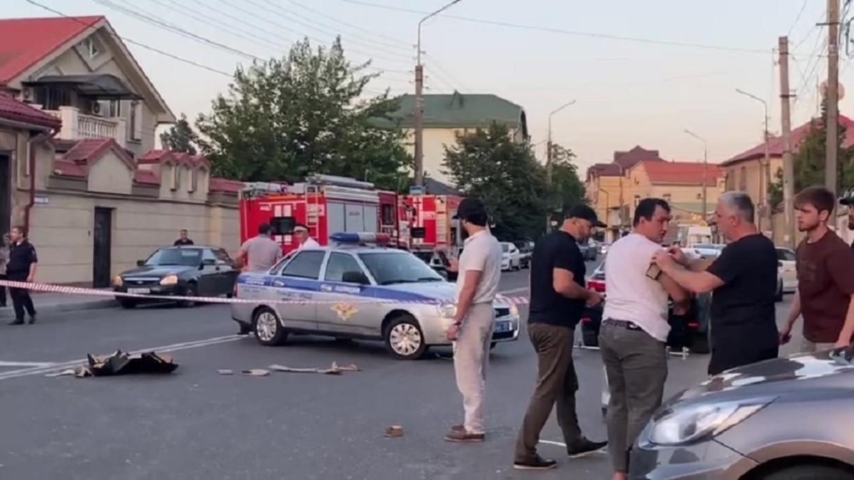 A video grab shows a cordoned off street following a terrorist attack in Dagestan, Russia., June 23, 2024. ©  Sputnik
