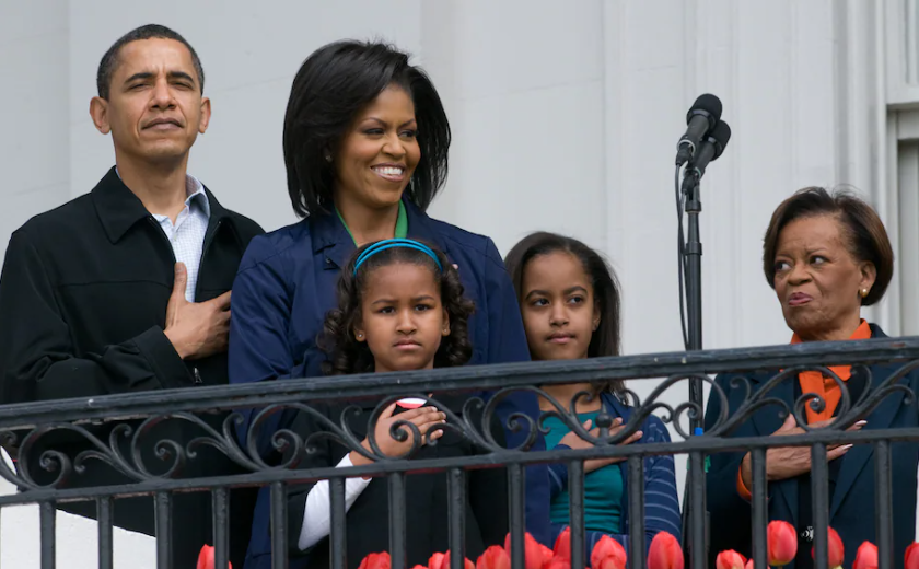 President Barack Obama with first lady Michelle Obama, their daughters Sasha and Malia, and Marian Robinson, at right, during the annual White House Easter Egg Roll in 2009. (Saul Loeb/AFP/Getty Images)