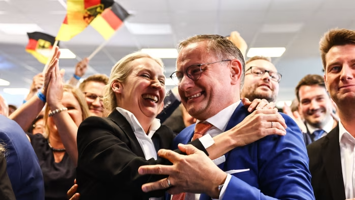 Alternative for Germany’s Alice Weidel, left, and Tino Chrupalla celebrate after the exit poll was published © Filip Singer/EPA-EFE/Shutterstock