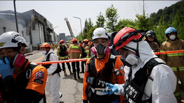 Emergency crews responded Monday to a deadly fire at a lithium battery factory near South Korea's capital.