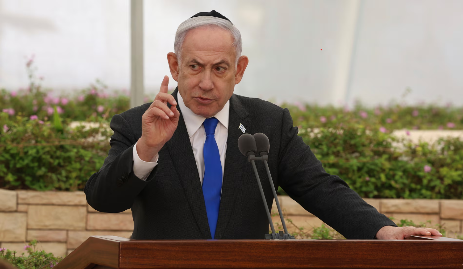 Benjamin Netanyahu, Israel’s prime minister, speaks during a ceremony at the Nahalat Yitzhak Cemetery in Tel Aviv, Israel, on 18 June 2024. Photograph: Shaul Golan/AP
