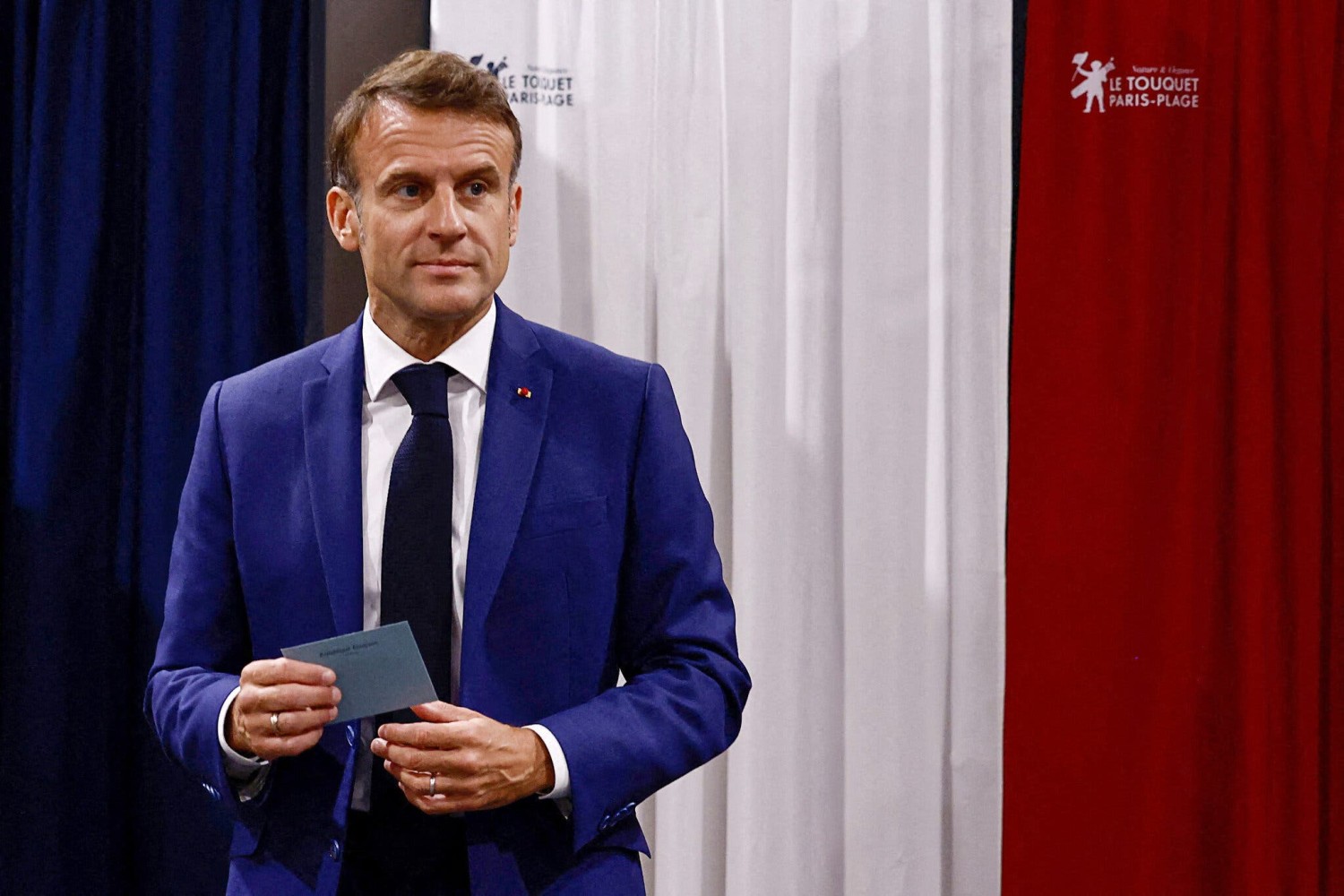 President Emmanuel Macron of France at a polling station in Le Touquet, northern France, on Sunday.Credit...Pool photo by Yara Nardi