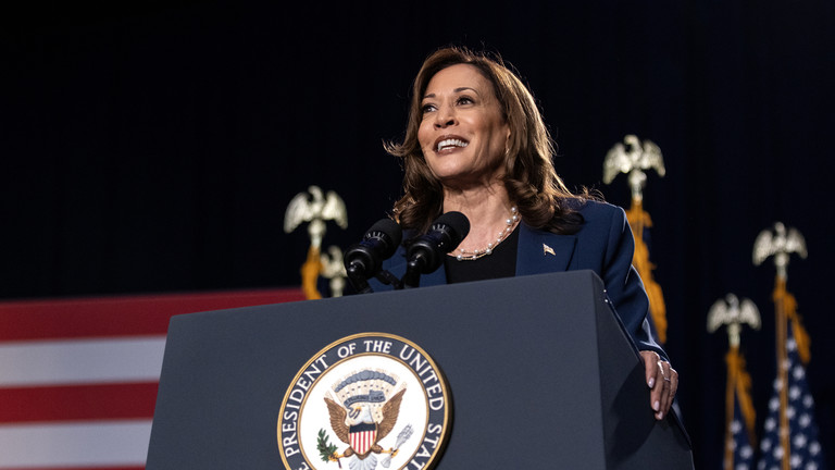 Democratic presidential candidate, U.S. Vice President Kamala Harris speaks to supporters during a campaign rally at West Allis Central High School on July 23, 2024 in West Allis, Wisconsin. ©  Jim Vondruska/Getty Images