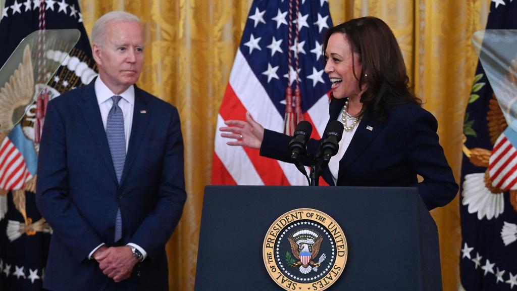 Kamala Harris has thanked her boss for his “extraordinary leadership” – as she prepares to try and replace him. Picture: Jim WATSON / AFP