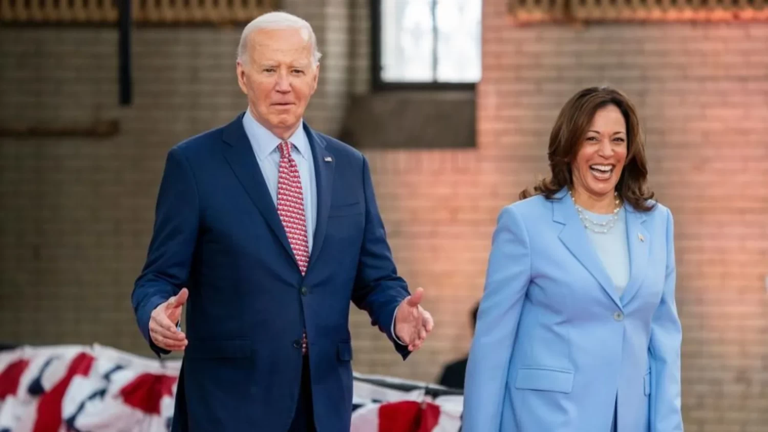 President Biden and Vice-President Harris presented a united front to Democrats on Wednesday (file image). EPA