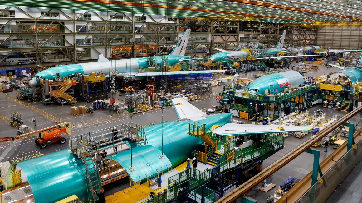 Boeing 777 freighters and 777X under construction at its Washington state factory. Jennifer Buchanan/Pool/AFP/Getty Images