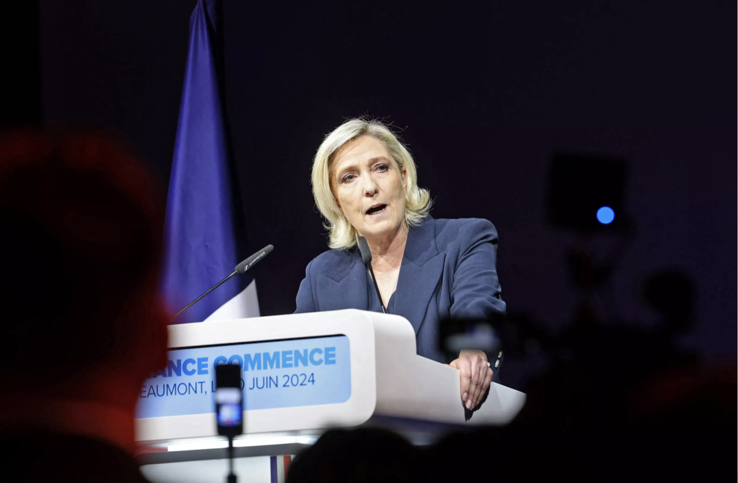 Far-right leader Marine Le Pen addresses supporters in her northern constituency of Henin-Beaumont, where she was re-elected in the first round with more than 50% of the vote. © François Lo Presti, AFP