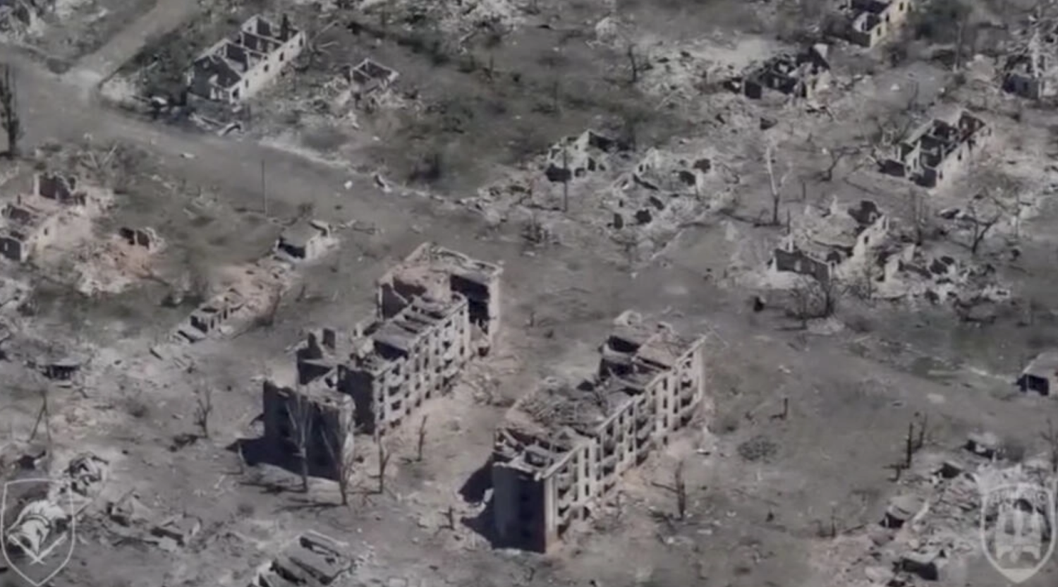 Drone view shows destroyed buildings in the frontline town of Chasiv Yar in Donetsk region, Ukraine, in this screengrab obtained from social media video released on July 4, 2024. © 18th Slavic Brigade of the NGU via Reuters