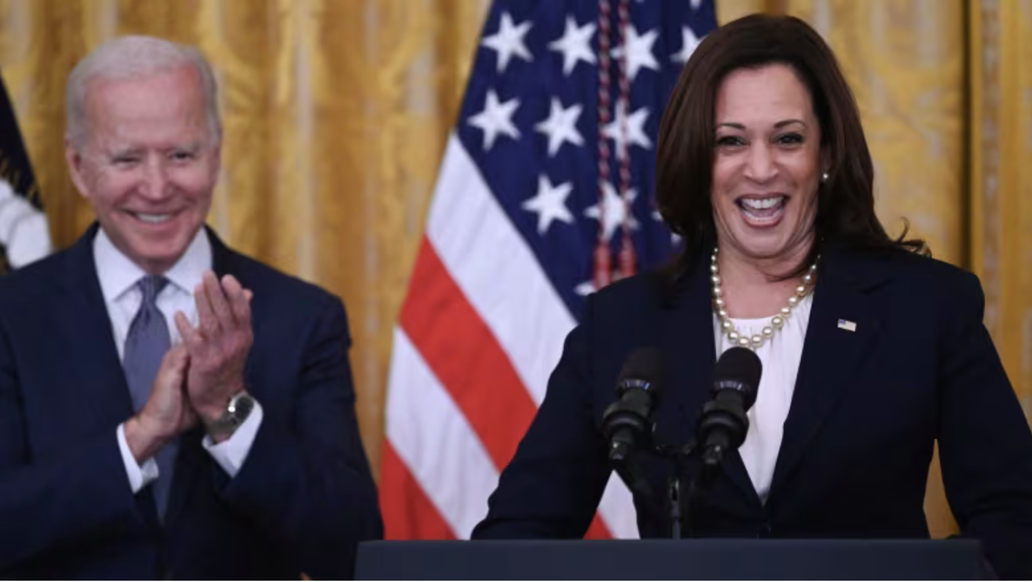 U.S. President Joe Biden, seen here with Vice-President Kamala Harris at a 2021 White House event, has endorsed Harris to top the Democratic ticket in November. (Jim Watson/AFP/Getty Images)