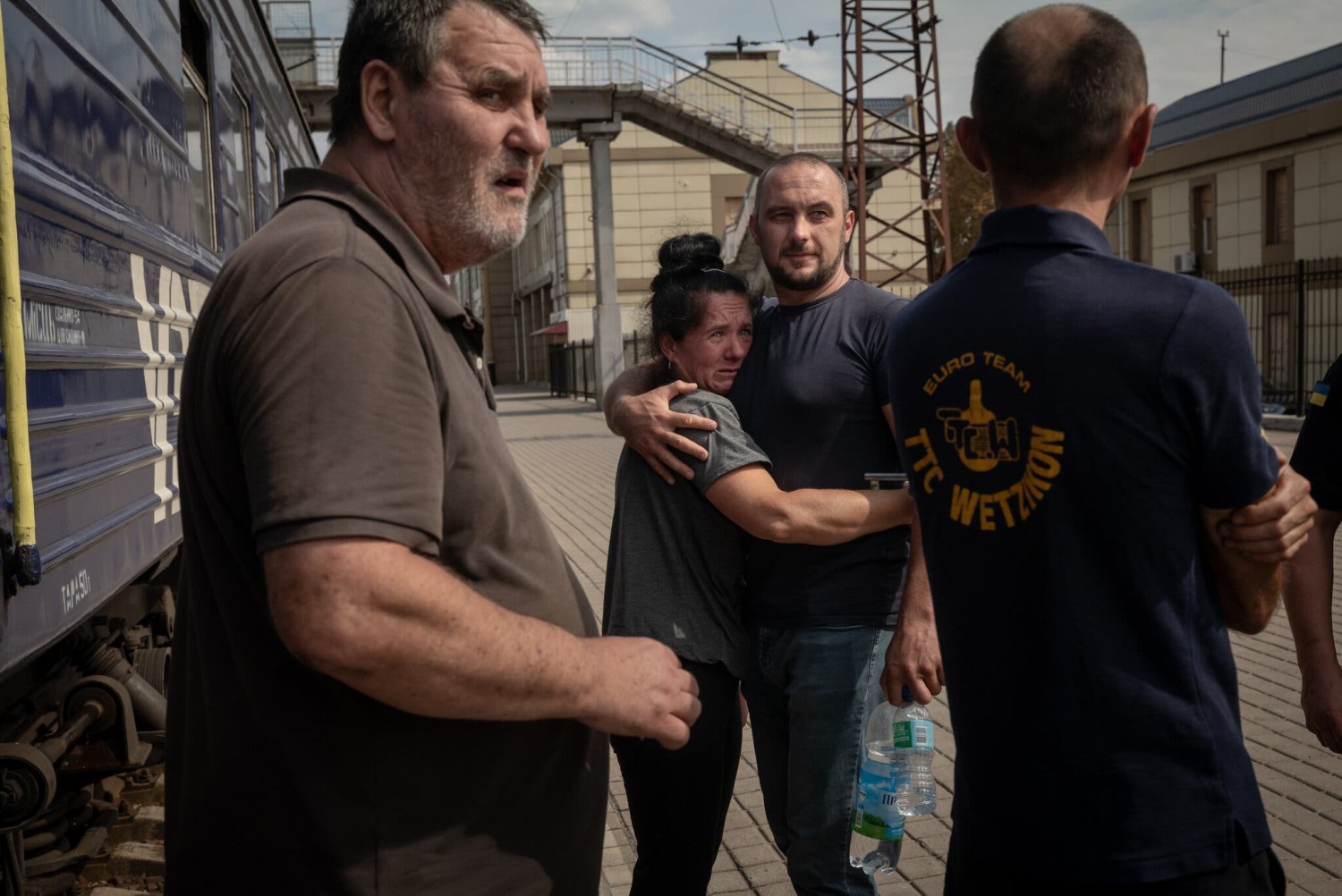 A woman about to board an evacuation train in Pokrovsk, Ukraine, on Tuesday. The advance on the city by Russian forces has not been slowed by the Kursk incursion.Credit...Nicole Tung for The New York Times