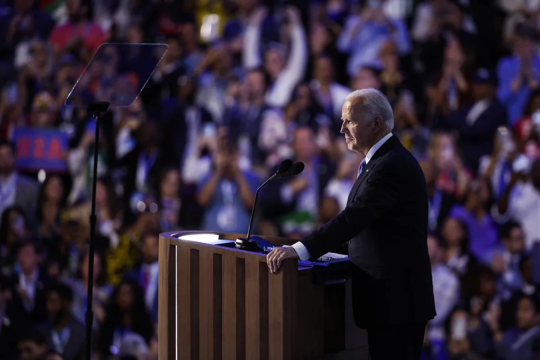 President Joe Biden speaks onstage during the first day of the Democratic National Convention at the United Center on August 19, 2024 in Chicago. Kevin Dietsch/Getty Images