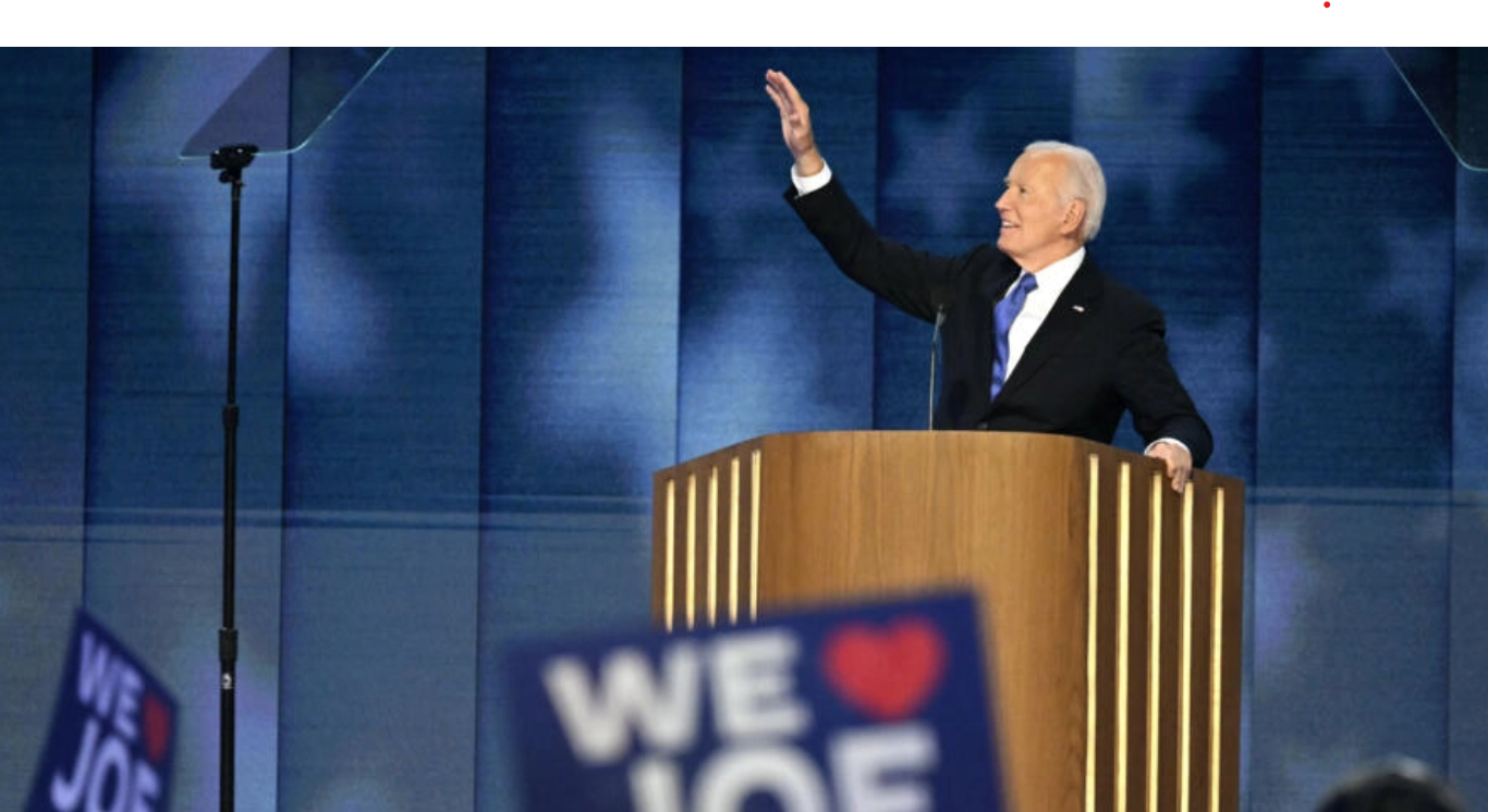 US President Joe Biden waves as he speaks on the first day of the Democratic National Convention at the United Center in Chicago, Illinois on August 19, 2024. © Andrew Caballero-Reynolds, AFP