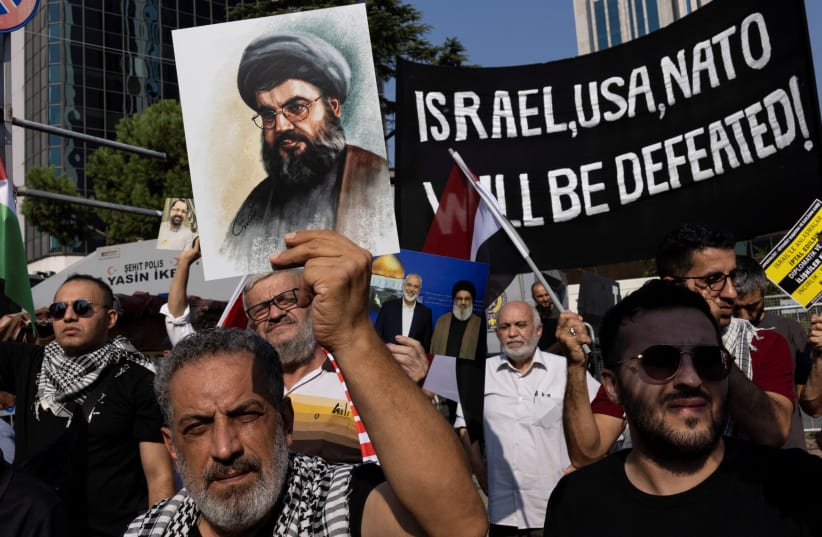 Protesters demonstrate against Israel following the killing of Hassan Nasrallah, in Istanbul, Turkey, September 29, 2024 (photo credit: REUTERS/UMIT BEKTAS)