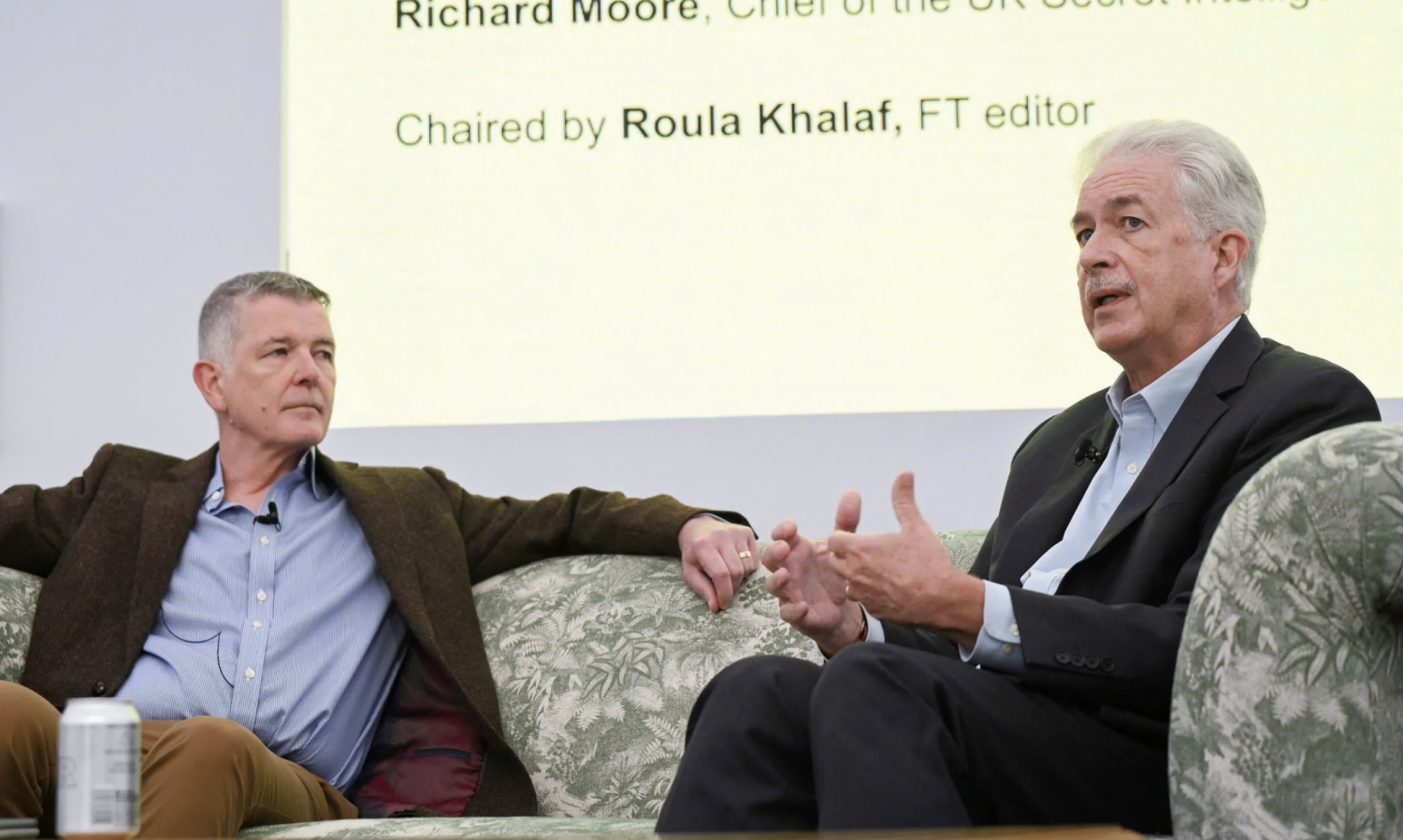 View image in fullscreen CIA director Bill Burns (right) was speaking at an FT Weekend festival in London alongside Britain’s MI6 chief Richard Moore (left). Photograph: Em Fitzgerald/Reuters