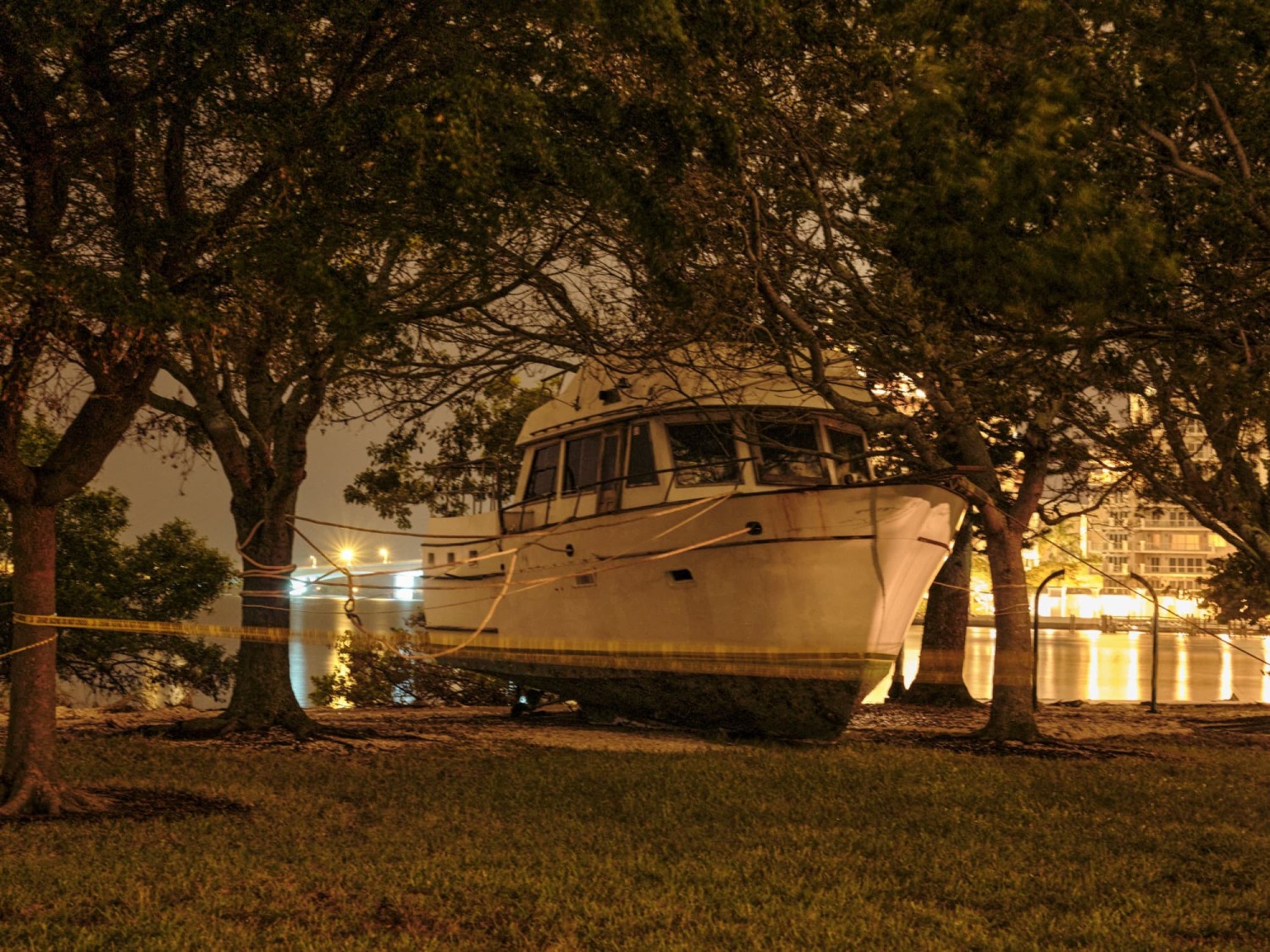 A day before Hurricane Milton was set to make landfall along Florida’s Gulf Coast, a small yacht stranded during Hurricane Helene still sat dry tied to trees. Michael Adno for WSJ