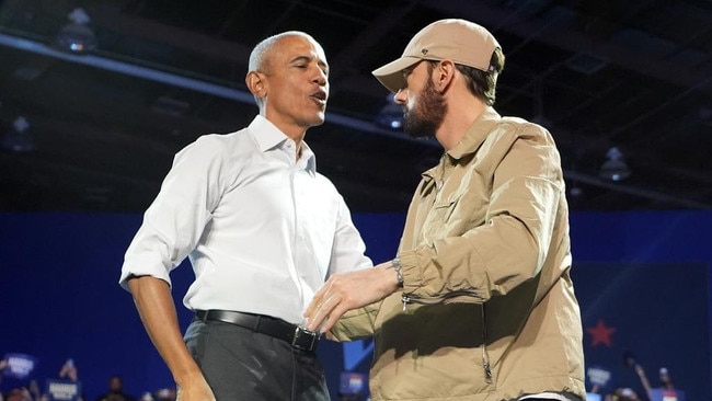 Eminem introduced former President Barack Obama on stage in Detroit. Picture: Getty.