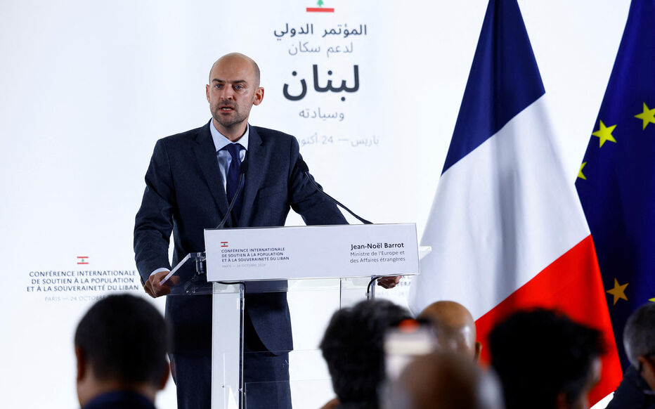 Paris, le 24 octobre 2024. Le chef de la diplomatie française Jean-Noël Barrot s'est exprimé lors de la conférence internationale sur le Liban. Reuters/Sarah Meyssonnier