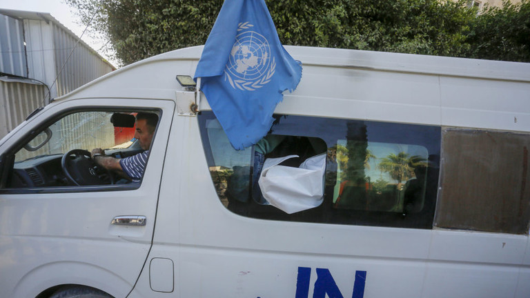 File photo: Two UNRWA staffers killed by an Israeli strike on their vehicle are transported to a Gaza hospital, October 23, 2024. ©  Ashraf Amra/Anadolu via Getty Images