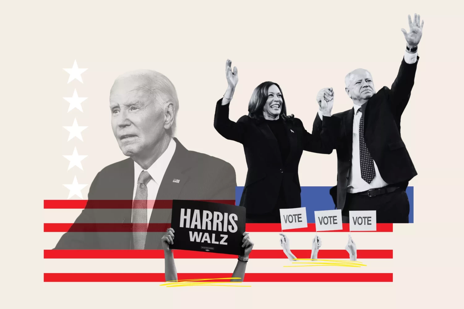 A graphic showing Joe Biden, Kamala Harris and her running mate Tim Walz. Biden has left Harris to carve out her own path on the campaign trail. Photo-illustration by Newsweek/Getty