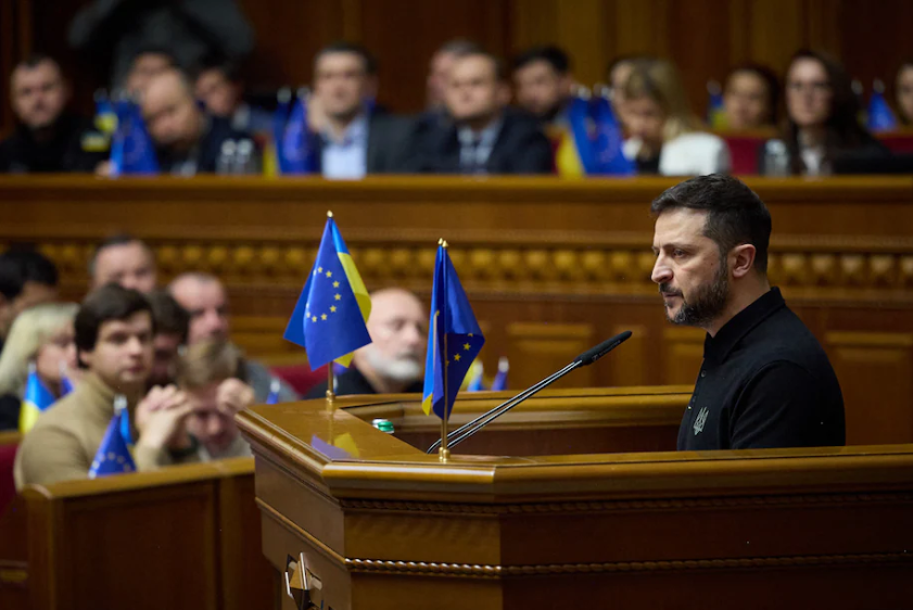 President Volodymyr Zelensky addresses members of the Ukrainian parliament in Kyiv on Wednesday. (Ukrainian Presidential Press Service/AFP/Getty Images)