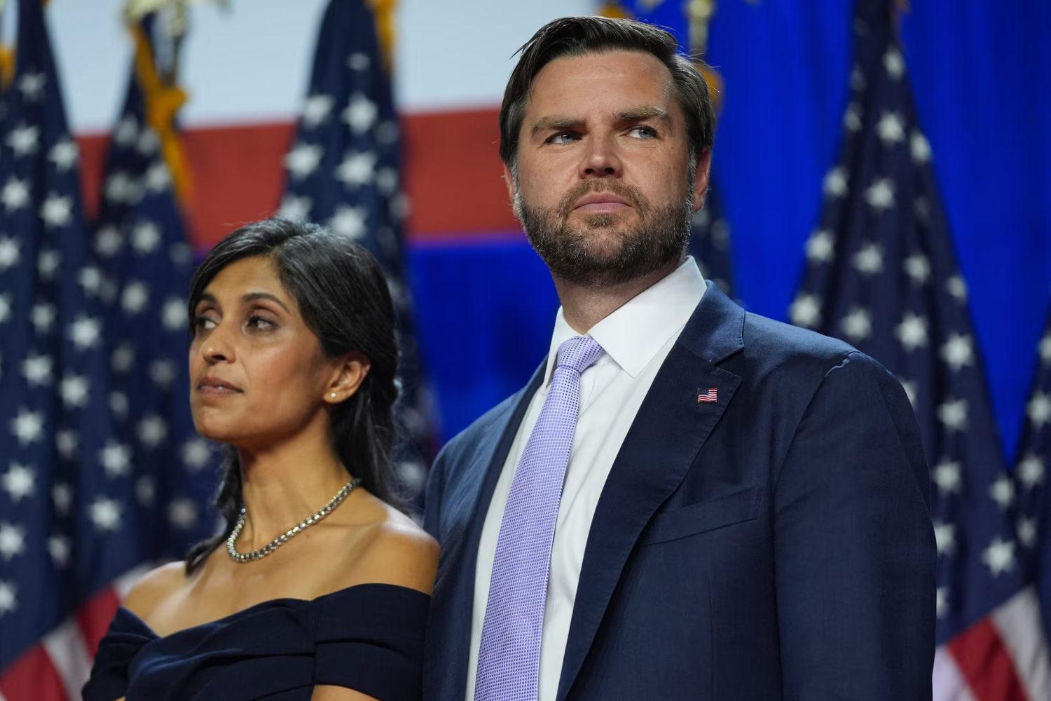 JD Vance and his wife Usha Vance at an election night watch party West Palm Beach, Florida, on 6 November 2024. Photograph: Evan Vucci/AP