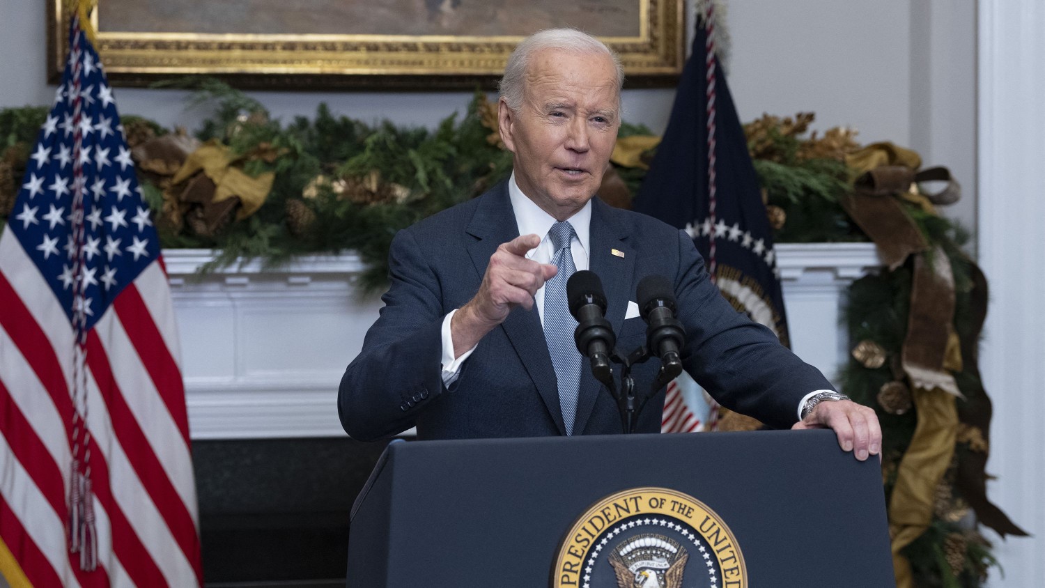 President Joe Biden speaks about the situation in Syria from the Roosevelt Room at the White House on December 8, 2024. Chris Kleponis/AFP/Getty Images