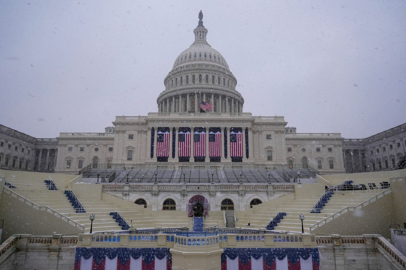 Snow falls at the U.S. Capitol the night before the 2025 Presidential Inauguration, which will take place indoors due to inclement weather. Jasper Colt, USA TODAY