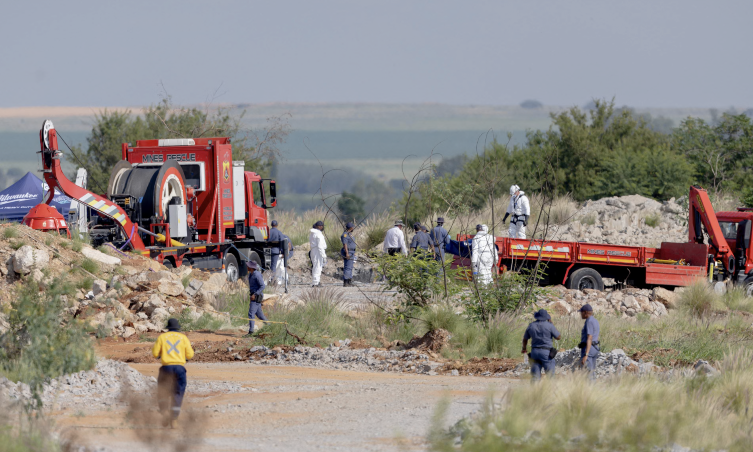 An operation to bring people up from an illegal gold mine near Stilfontein, South Africa, on Monday. Photograph: Christian Velcich/AFP/Getty Images