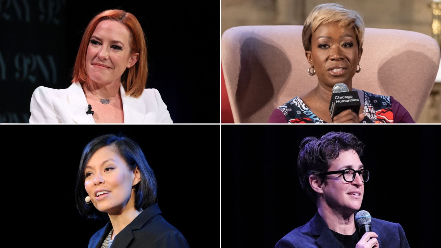 Left to right, clockwise: Jen Psaki, Joy Reid, Rachel Maddow, Alex Wagner. Dia Dipasupil/Craig Barritt/Getty Images/Cindy Barrymore/Shutterstock