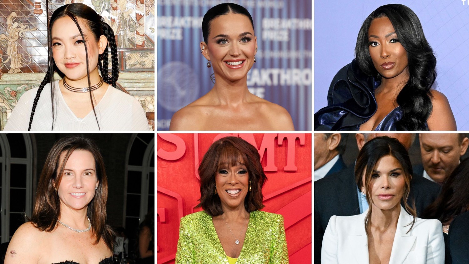 Amanda Nguyen, Katy Perry, Aisha Bowe (top, left to right) will join Kerianne Flynn, Gayle King and Lauren Sánchez (bottom, left to right) on the New Shepard flight.  Shutterstock/Reuters/Getty Images