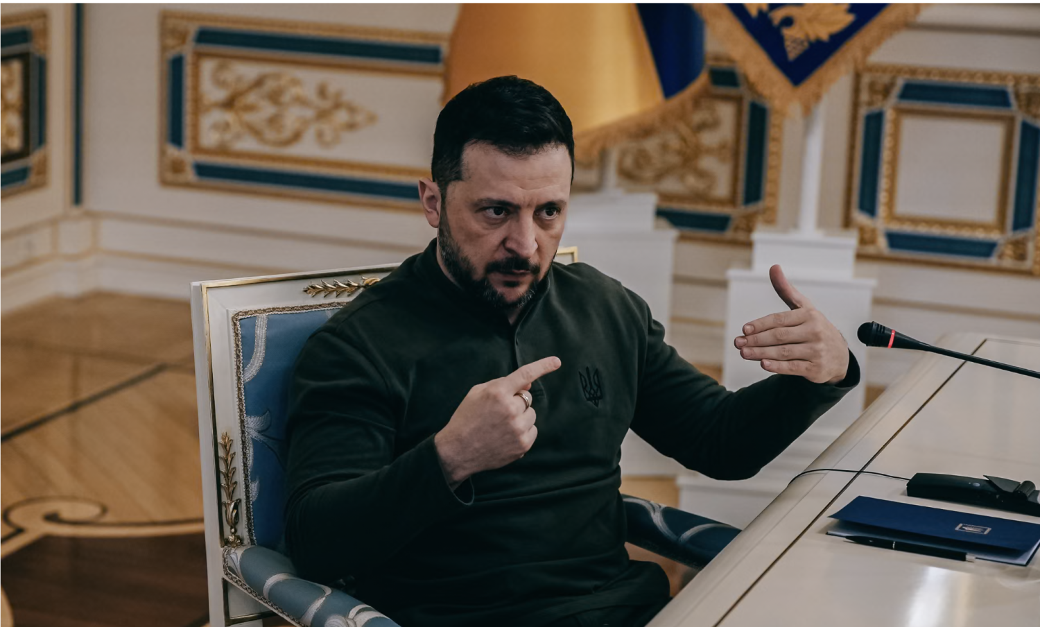 Zelenskyy in the heavily fortified administration building in central Kyiv. Photograph: Julia Kochetova/The Guardian