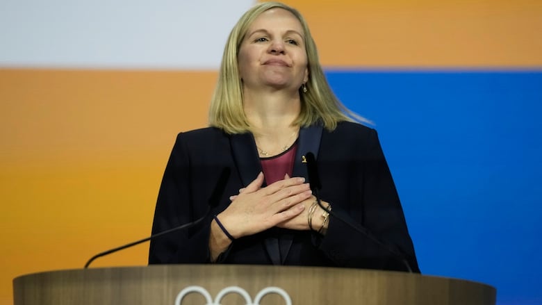 Kirsty Coventry accepts congratulations after she was announced as the new IOC president on Thursday in Costa Navarino, western Greece. (Thanassis Stavrakis/The Associated Press)