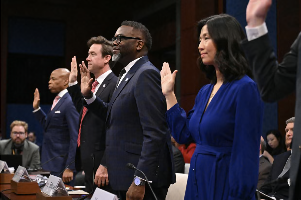 Mayors Eric Adams, Michael Johnston, Brandon Johnson and Michelle Wu are sworn in during a House hearing in Washington DC on Wednesday. Photograph: Saul Loeb/AFP/Getty Images