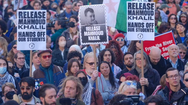 Demonstrators protest the detention of student activist Mahmoud Khalil in New York on 10 March 2025. Photograph: Selcuk Acar/Anadolu via Getty Images