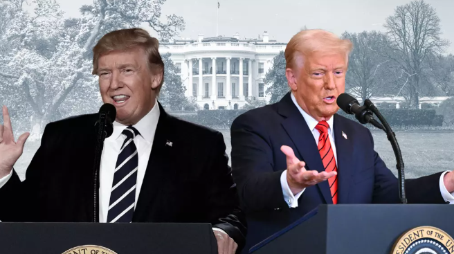 Donald Trump lors de son 1er mandat de président, en 2017 (à gauche), et lors du 2e, en 2025 (à droite). © AFP / Studio graphique FMM
